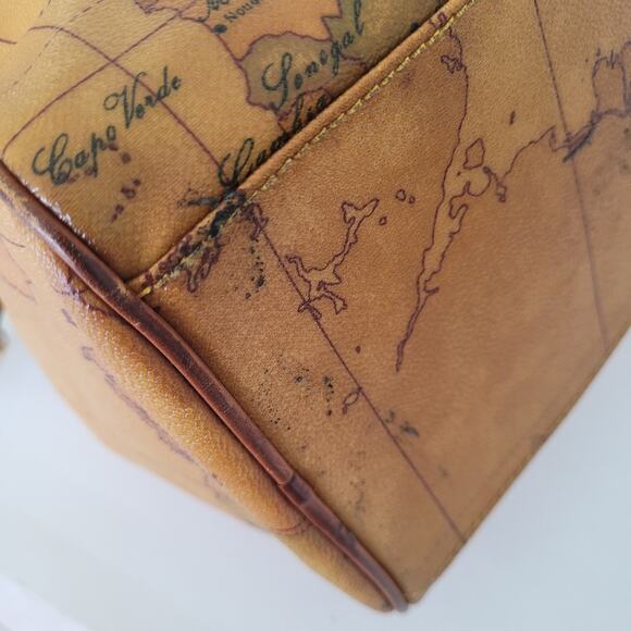 Alviero Martini Vintage Duffle Boston Bag Purse Map Pattern Leather Brown Large - Picture 12 of 16